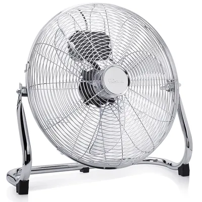 A chrome floor fan on a white background.