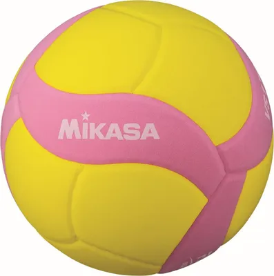 A yellow and pink volleyball with the Mikasa logo.