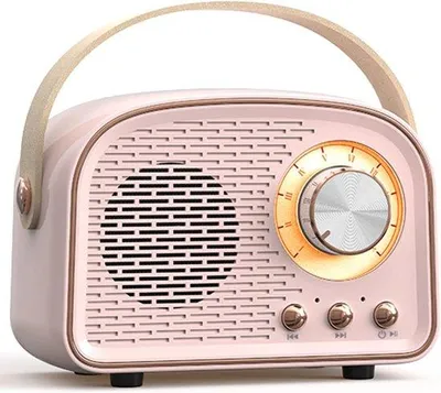 Zdjęcie produktu dla Mini głośnik Bluetooth, różowy, przenośny, bezprzewodowy, do użytku wewnątrz i na zewnątrz, styl vintage, pomysł na prezent dla dziewcząt, nastolatek i kobiet