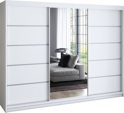 Schwebetürenschrank, 3-türig Schrank 200 cm mit 4 Schubladen, und Spiegel, Retrostil  Premum! Moderne Garderobe für Kleidung. Kleiderschrank VILI 1