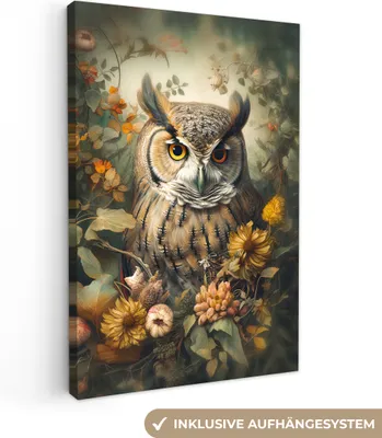 Produktbild von MuchoWow® - Leinwandbilder - Eule - Vögel - Blumen - Natur, Wandbild, Wanddeko Bilder Wohnzimmer, 60x90cm