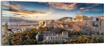 Produktbild von DEQORI Glasbild Echtglas 150x60 cm 'Blick auf die Akropolis' Wandbild Bild modern Deko