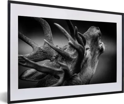 Produktbild von MuchoWow® MuchoWow® Gerahmtes Poster Geweih - Hirsch - Schwarz 60x40 cm - Poster mit zchwarzem Bilderrahmen - Schlafzimmer - Plakat in Rahmen - Drucken