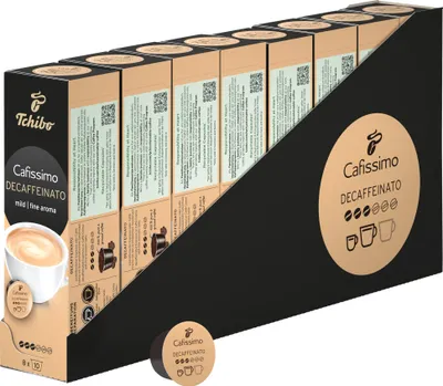 Produktbild von Tchibo Cafissimo Vorratsbox Caffè Crema entkoffeiniert Kaffeekapseln, 80 Stück – 8x 10 Kapseln (Kaffee, mild mit feinem Aroma), nachhaltig & fair gehandelt