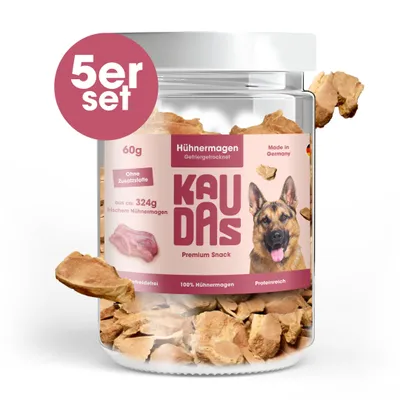 A jar of dog treats with some treats scattered around it.