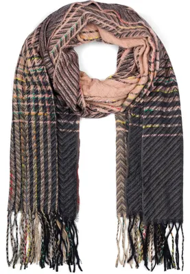 Produktbild von styleBREAKER Damen Feinstrick Schal mit bunt gestreiftem Zick-Zack Muster und Fransen, warme Winter Stola mehrfarbig 01017149