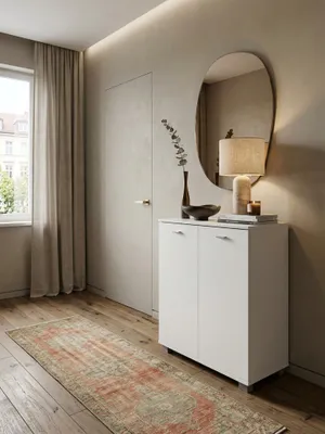 Produktbild von Design Schuhschrank NIMES modern Holz Weiß 12 Paar Schuhe 4 Fächer 2 Türen, Schuhregal 60 x 90 x 35 cm platzsparend, Schuhkommode Flurschrank mit Ablage