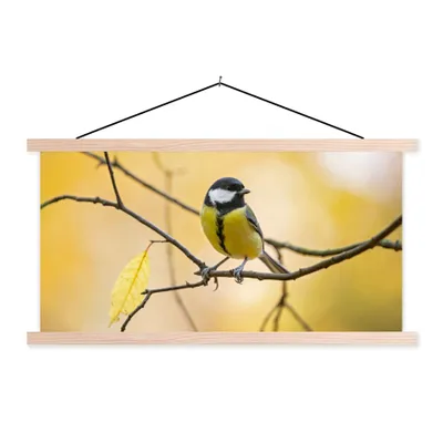 Produktbild von MuchoWow® Textilposter Kohlmeise - Zweig - Vogel - Tiere 60x30 cm mit holzfarbenen Rahmen - Dekoration