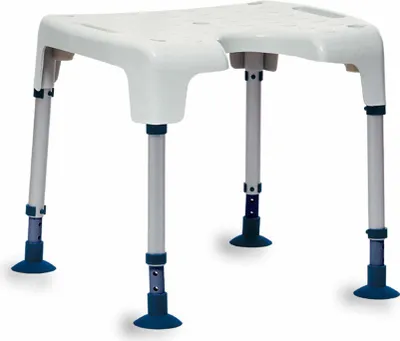 A white shower stool with adjustable legs and blue non-slip feet, shown from a diagonal angle against a white background.