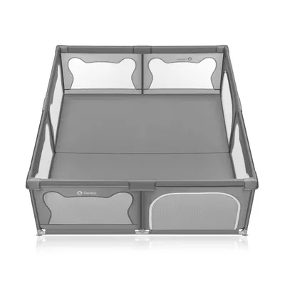 A gray playpen is shown from a slightly elevated, diagonal angle against a white background.