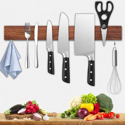 Immagine prodotto di Portacoltelli magnetico 40 cm con 2 ganci portacoltelli magnetico noce