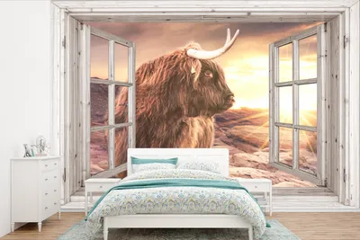 Produktbild von MuchoWow® Fototapete für Wohnzimmer oder Schlafzimmer Wandtapete Vinyl Motivtapete Schottischer Highlander - Aussicht - Sonnenuntergang - 450x300 cm - Gemusterte