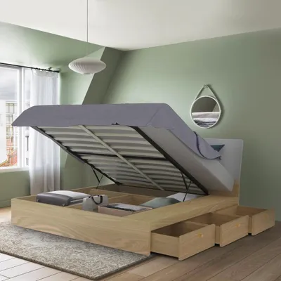 Image de Lit double Lit rembourré relevable 160x200 cm avec coffre de lit Design Steyr King - Naturel