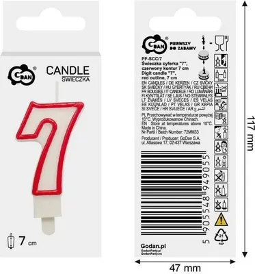 Obrázok produktu pre Tortová sviečka s červeným okrajom - číslo 7 Godan Materiál:: Vosk, Barva:: Biela, Barva:: Červená