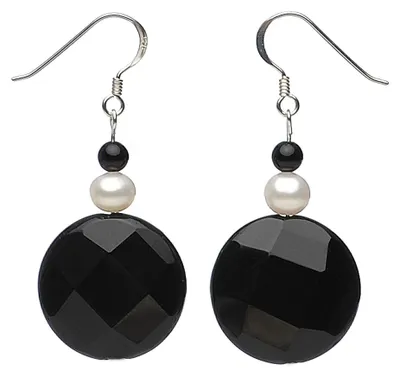 Produktbild von Ohrringe Ohrhänger mit Onyx facettiert schwarz Süßwasser Perlen weiß 925 Silber
