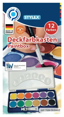 Produktbild von Stylex Deckfarbkasten 12 Farben mit Deckweiß farbintensiv