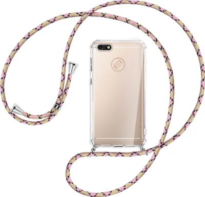 Produktbild von Handykette Backcover-Schutzhülle mit Band (Metall silberfarben) für Huawei P9 lite mini, Y6 Pro 2017 - rosa Karo