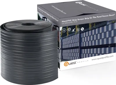 A roll of dark gray PVC screening strip is shown next to its packaging box, which features an image of a fence with the screening installed.