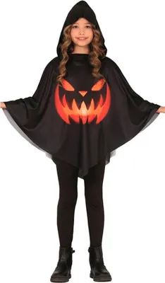 Productafbeelding van Halloween pompoen poncho met capuchon, kinderkostuum, griezelige geest, enge outfit, verkleedkostuum, spookkostuum voor kinderen. Cool Halloween poncho kostuum, maat: 128/134, kleur: zwart