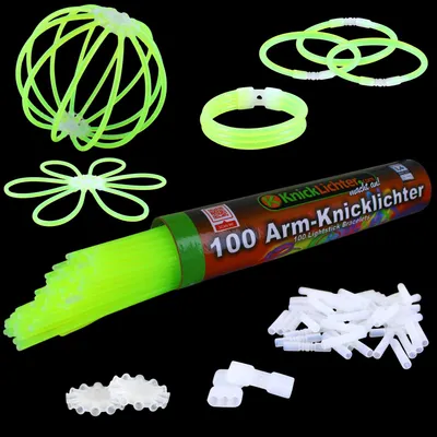 Produktbild von 100 grüne Arm-Knicklichter incl. 100 TopFlex, zwei 3fach und 2 Ballverbinder – e Qualität aus DE