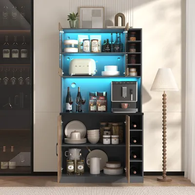Image de Armoire de cuisine avec éclairage LED, highboard indépendant en bois,100x47x187cm, Marron