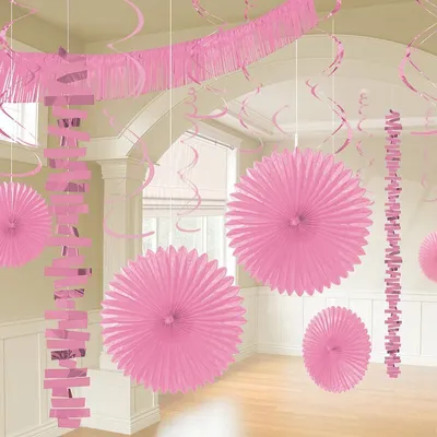 Produktbild von Amscan Deko-Set 18-teilig Rosa mit 5 Dekofächern (20 & 40 cm), Spiralen & Girlanden