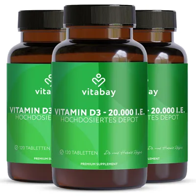 Produktbild von Vitabay Vitamin D3 20.000 I.E. – 360 vegane Tabletten – Vitamin D3 aus pflanzlicher Quelle – Ohne Gentechnik und Zusatzstoffe – Labor in Deutschland