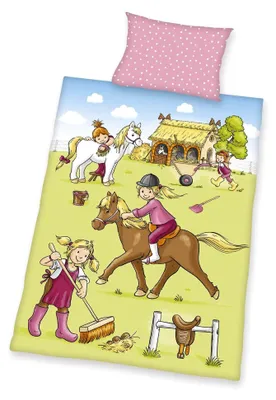 Produktbild von Bio-Bettwäsche-Set Ponyhof für Babys, GOTS-, Wendemotiv, Kopfkissenbezug 40 x 60 cm mit Hoteleinschlag, Bettbezug 100 x 135 cm mit Reißverschluss