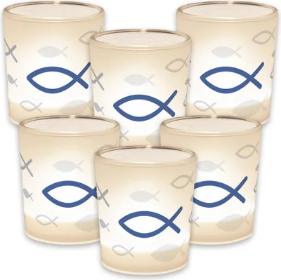 Produktbild von SET - 6er itenga Windlicht + Teelicht 6x6cm Motiv FISCH blau für Kommunion Konfirmation Taufe