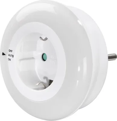 A white LED night light with an integrated socket and a light sensor.