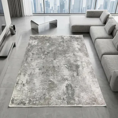 Immagine prodotto di Tappeto grigio e crema con motivo astratto, frange e design moderno. Dimensioni: 160 x 230 cm