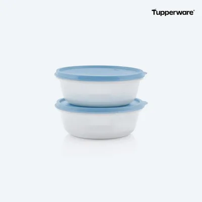 Two round plastic containers with blue lids stacked on top of each other against a white background.