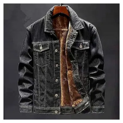 Produktbild von Fleecejacke für Herren, Jeansjacke aus schwerem Denim, warme Winterjacke, Vintage Western Wildlederjacke, Winterjeans mit Taschen und Reißverschlüssen, elegante und coole Jacke