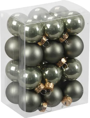 A clear plastic box filled with small, round Christmas ornaments.