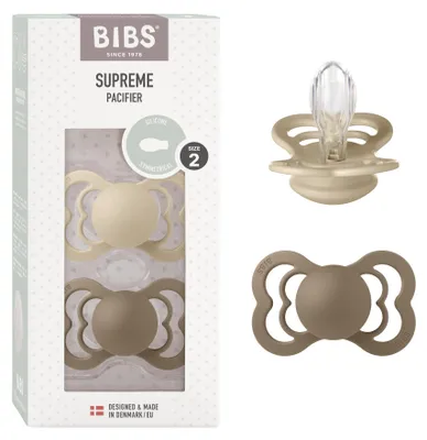 Productafbeelding van BIBS Supreme fopspeen, 6-18 maanden, 2 stuks, symmetrisch, vanille/donker eikenhout