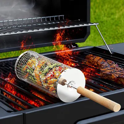 Produktbild von Nestbar Rollender Grillkorb,Abnehmbarer Wärmedämmung Holzgriff,Edelstahl 304,24x10cm,Campingausrüstung und Sonstiges Grillzubehor,für Gasgrill,Elektro