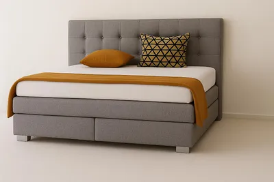Produktbild von Boxspringbett VERONA 180 x 200 cm mit zwei 7-Zonen-Taschenfederkernmatratzen und gepolstertem Kopfteil. Farbe Grau