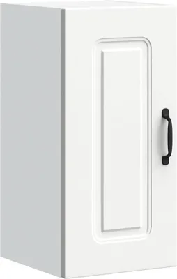 A white kitchen wall cabinet with a black handle.