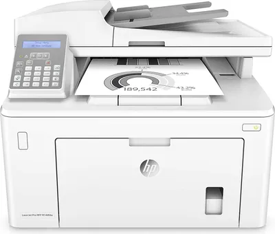 A white HP multifunction printer with a document on its output tray.