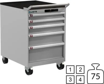 Produktbild von Lista Schubladenschrank - fahrbar - 78.547.020 - 890 x 564 x 725 mm (HxBxT) - 5 Schubladen - 75 kg - Code Lock - lichtgrau (RAL 7035)