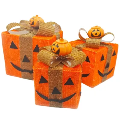 Productafbeelding van Halloween decoratie: set van 3 kunstpompoenen met verlichting, LED, op batterijen, herfstdecoratie, geschikt voor vakantie, thuis, feestjes en als cadeau