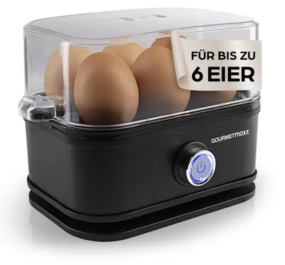 Immagine prodotto di GOURMETmaxx: Cuocitore per uova dal design elegante, per 6 uova, con misurino e forapelle. Compatto, ideale per cucinare 6 uova alla volta. Potenza: 400W. 3 livelli di cottura