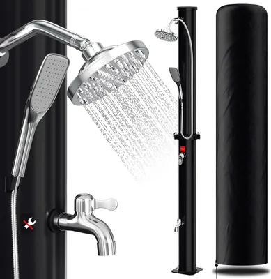 Produktbild von Faziango Solardusche Gartendusche 35L mit Abdeckhaube, Handbrause und Drain Stop – Standsäule für Garten, Pool & Camping in Schwarz
