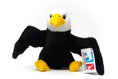 A stuffed toy eagle is shown sitting against a white background.