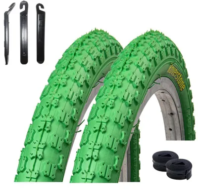 Zdjęcie produktu dla 2 opony rowerowe Roverstone, rozmiar 20 x 2,125 (54-406), kolor zielony + 2 dętki AV (z zaworem Schrader) oraz zestaw do montażu opon