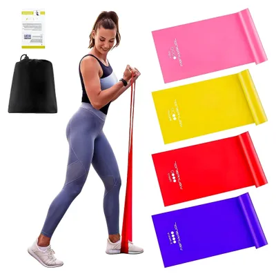 Produktbild von Fitnessbänder 1.5m Widerstandsbänder Set Übungsband mit 4 Widerstandsstufen für Yoga, Pilates, Crossfit, Muskelaufbau, Physiotherapie mit Tragtasche & Übungsanleitung