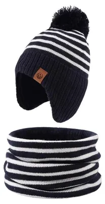 Produktbild von Baby Mütze & Schal Set Winter Strick Bommelmütze für Mädchen Jungen 2-4 Jahre Marine