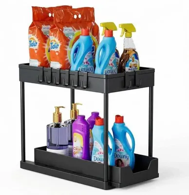 Productafbeelding van JustValue Kast Organizer - Uitschuifbaar - 2-Laags - Keuken - Gootsteenkast - Met Haken - Antislip - Zwart