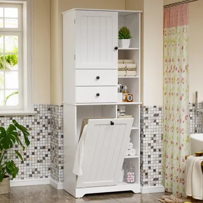 Produktbild von Badkommode Badezimmerschrank Hochschrank Badmöbel Badschrank Badregal, 6 Regalen, 2 Türen & 2 Schubladen offenen Fächern 170*60cm, Weiß