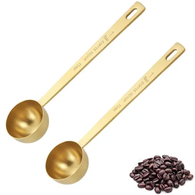 Productafbeelding van Koffielepelset - 15 ml roestvrijstalen maatlepel met lange steel - voor gemalen koffie, thee en poeders - 2 stuks - goudkleurig